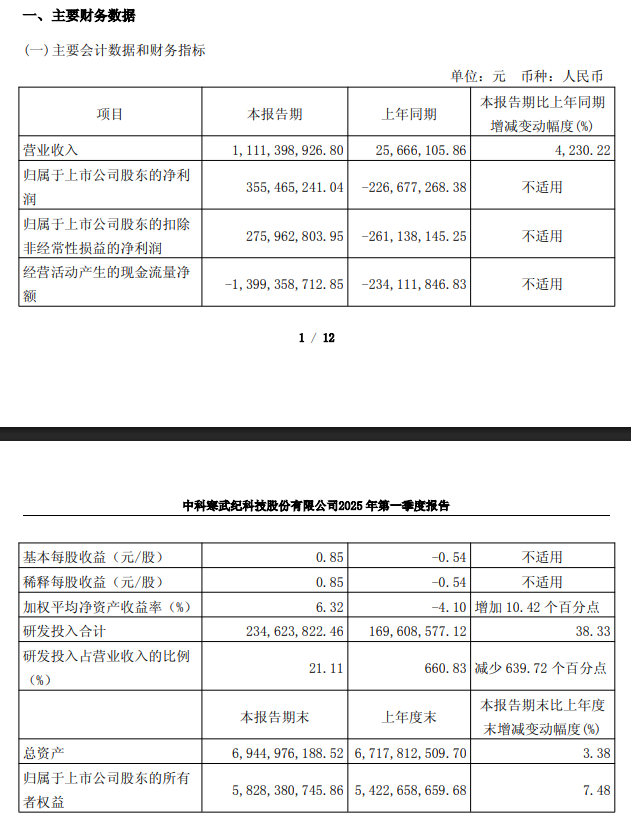 投注：寒武紀 2025 年第一季度營收 11.11 億元同比增長 4230.22%，實現扭虧爲盈
